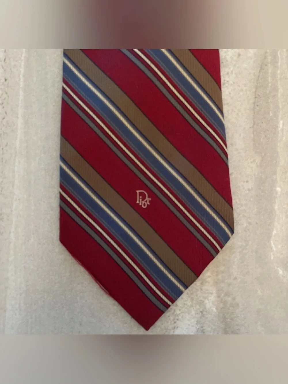 VTG Christian Dior Men’s Necktie Red White Blue Gray Stripe Logo Wording